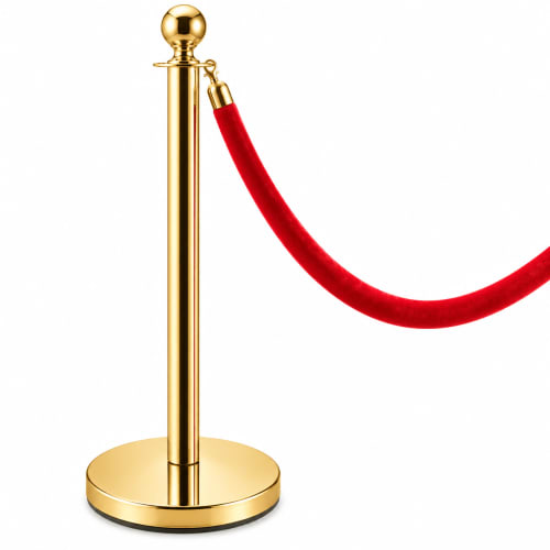 Golden Queue Manager with Top Ball & Red Velvet Rope - Rope Model - Pair of 2 Poles + 1 Rope