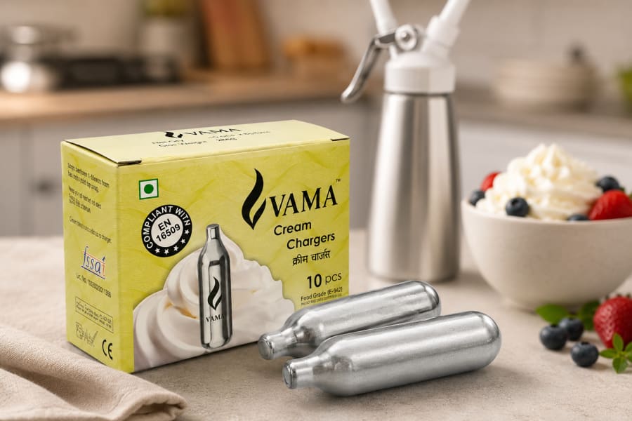 VAMA SS 8g N₂O Cream Chargers | 99.6% Pure | FSSAI Certified | Box of 10