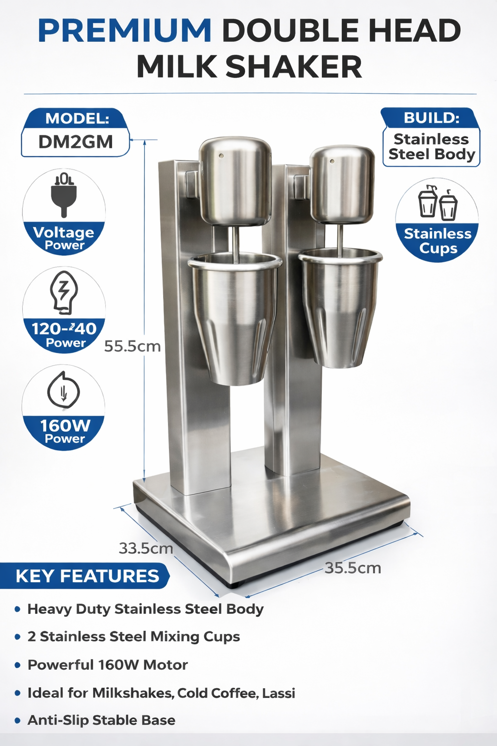 Premium Electric Full SS Milk/Juice/Lassi Shaker - Double Head