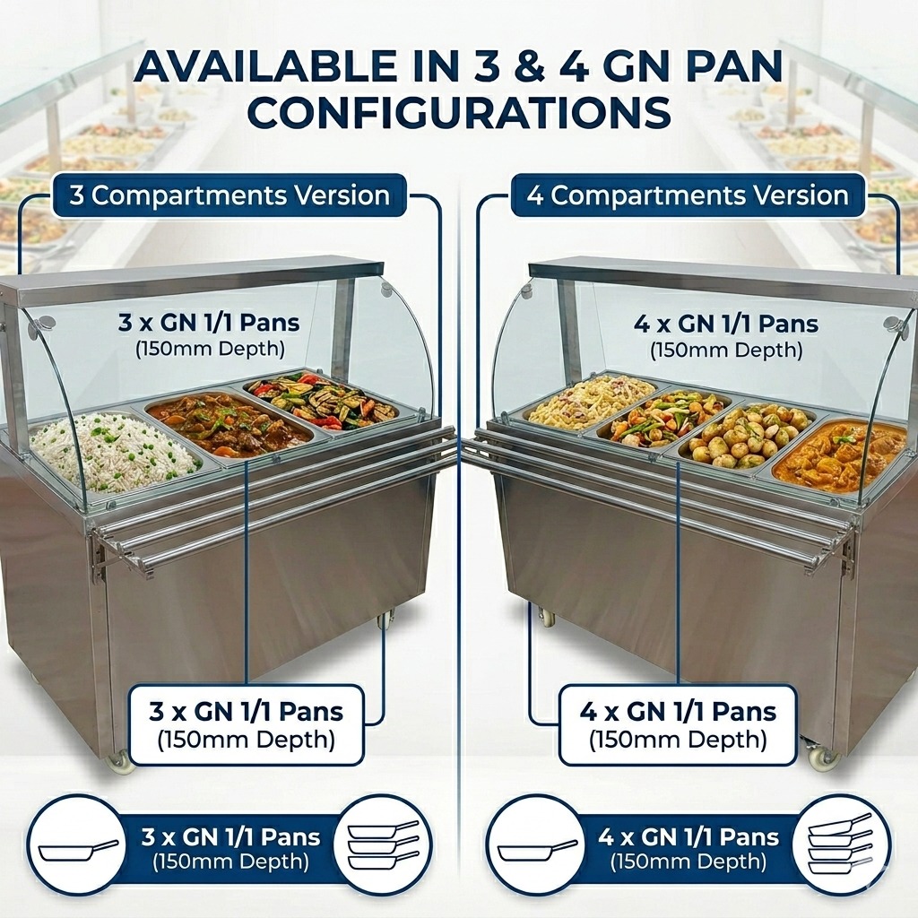 Premium 4000W Electric HOT Bain Marie Ready Counters with LED Light - Acrylic Sliding Door | Hot Inner Cabinets | 4 Wheels (2 With & 2 Without Brakes) | Wooden Packing for Glass | (GN Pans of 1/1 150mm)