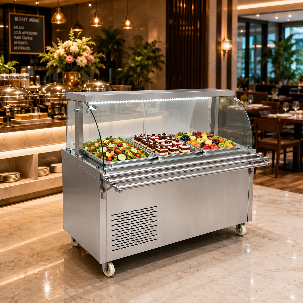 Premium Electric COLD Bain Marie Ready Counters with LED Light - Acrylic Sliding Door | Cold Inner Cabinets with Inbuilt Compressor & Exhauster | 4 Wheels (2 With & 2 Without Brakes) | Wooden Packing for Glass | (GN Pans of 1/1 150mm)