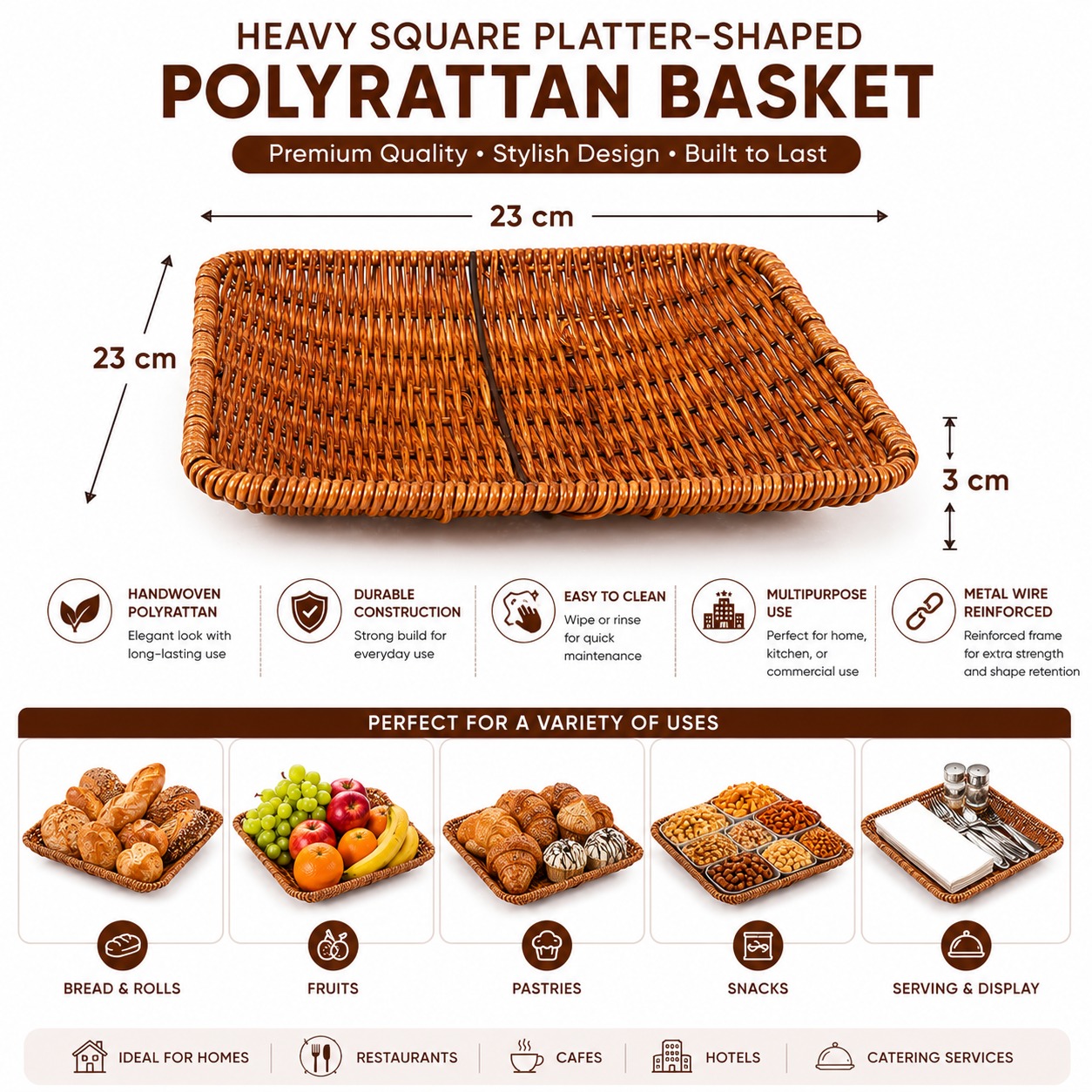 Heavy Square Platter Shaped Polyrattan Basket with Metal Wire - Walnut Brown