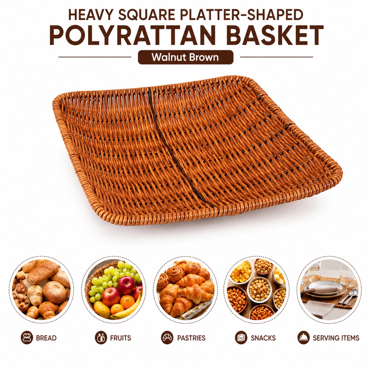 Heavy Square Platter Shaped Polyrattan Basket with Metal Wire - Walnut Brown — view 7