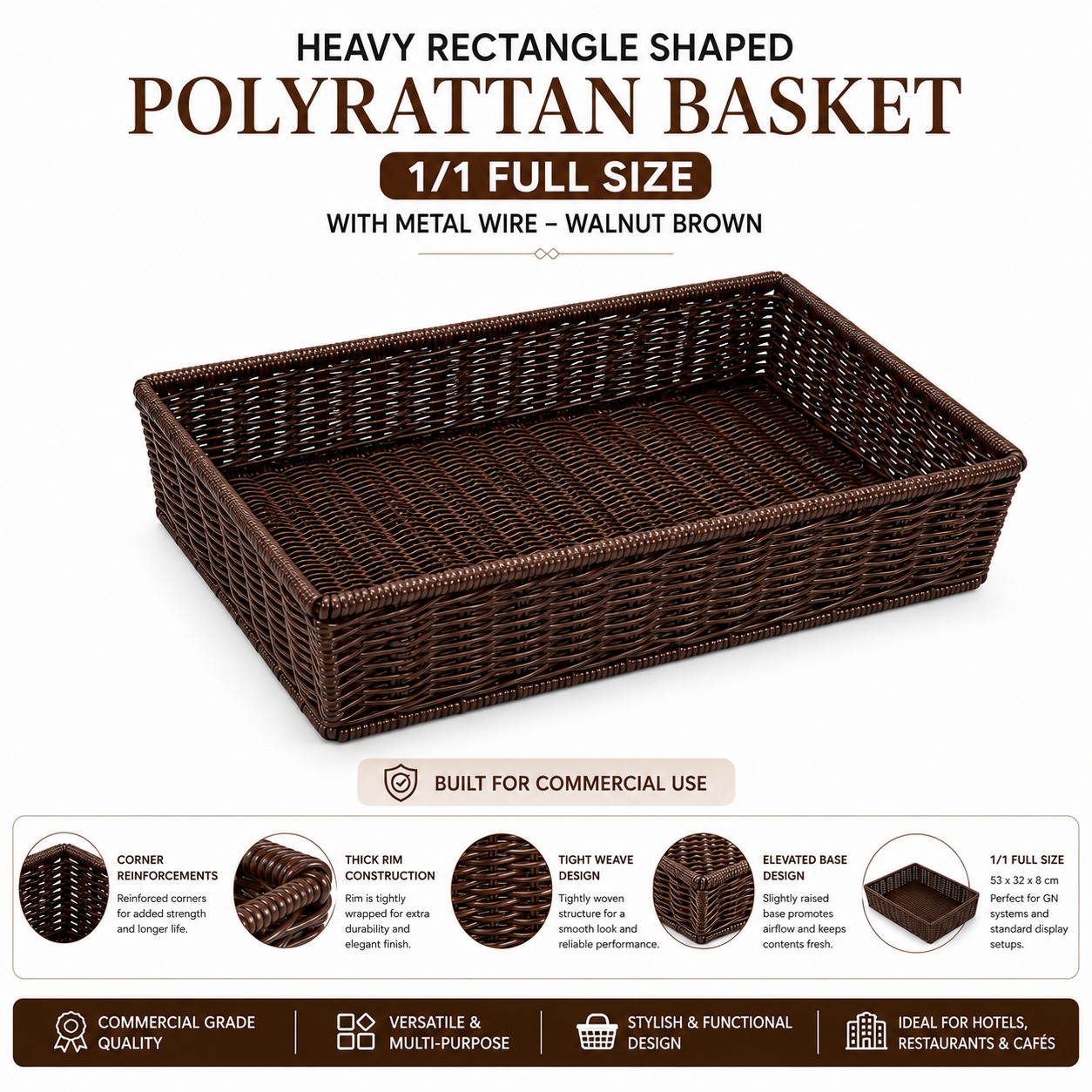 Heavy Rectangle Shaped Polyrattan Basket (1/1 Full Size) & Metal Wire - 53x32x8cm