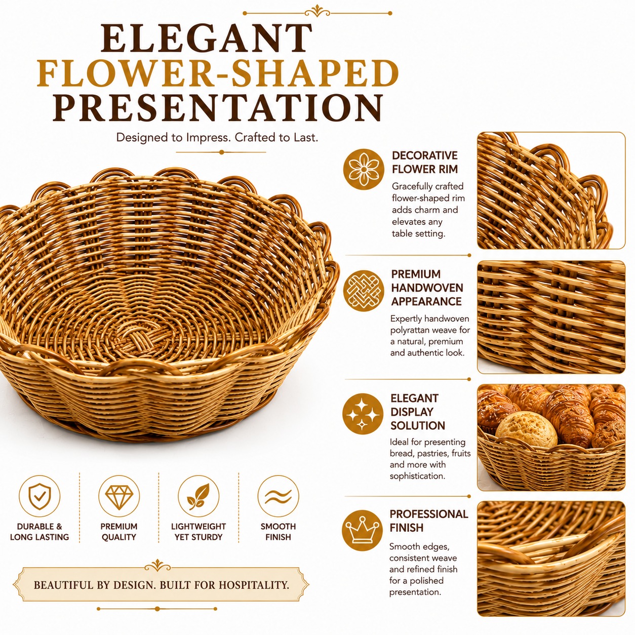 3002A Heavy Round Shaped Polyrattan Basket with Flower Shaped Edges & Metal Wire - 16x7cm — view 2