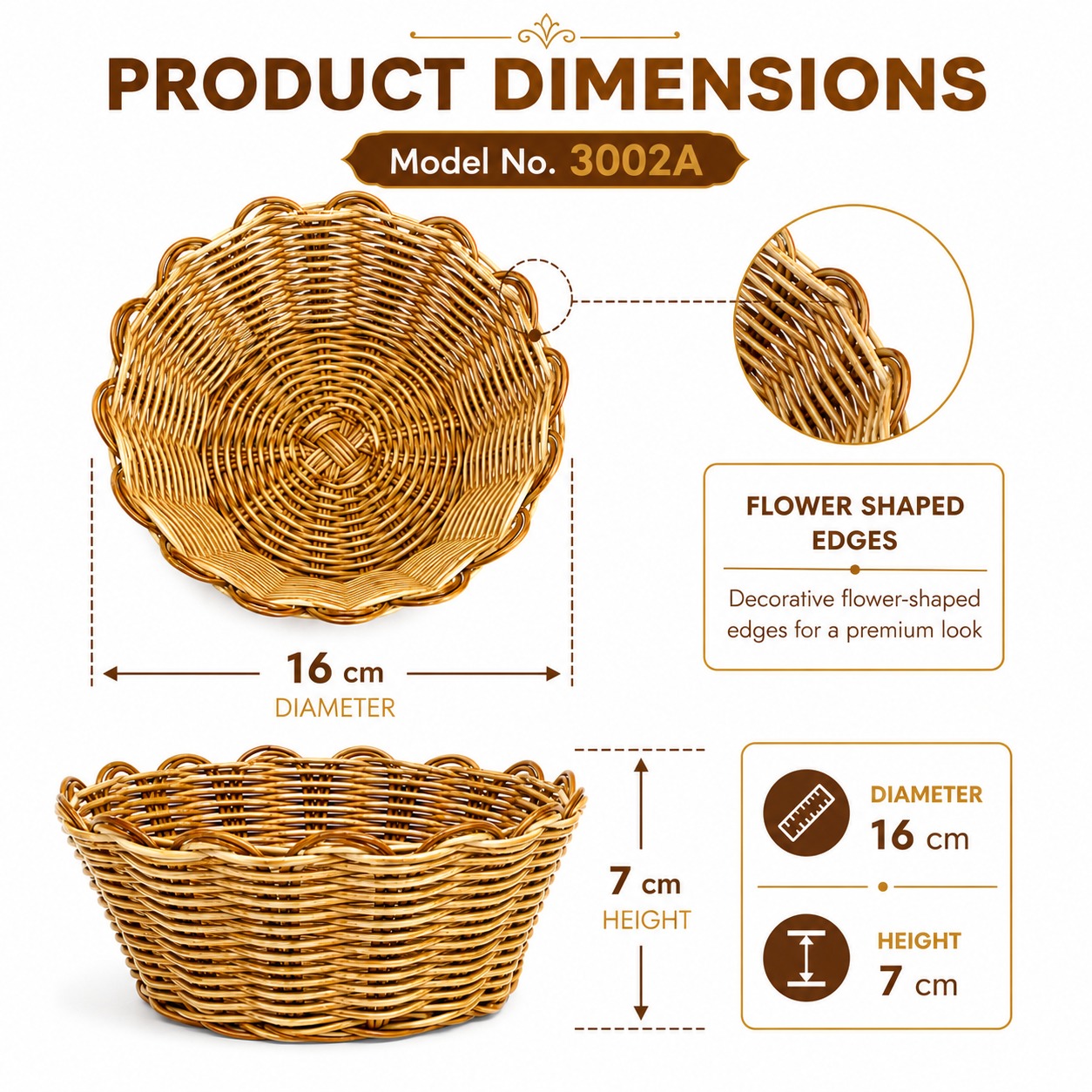 3002A Heavy Round Shaped Polyrattan Basket with Flower Shaped Edges & Metal Wire - 16x7cm — view 7