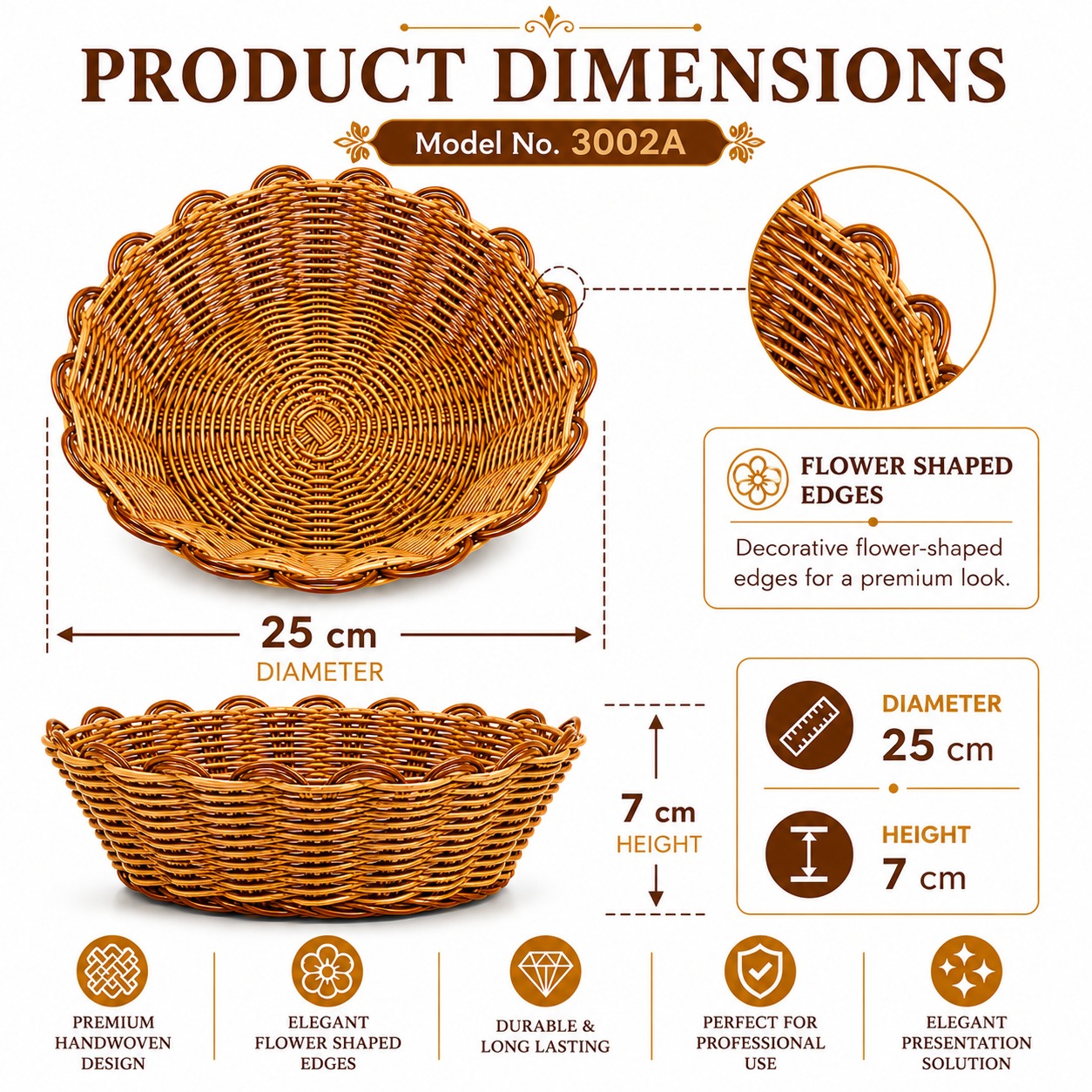 3002D Heavy Round Shaped Polyrattan Basket with Flower Shaped Edges & Metal Wire - 25x7cm