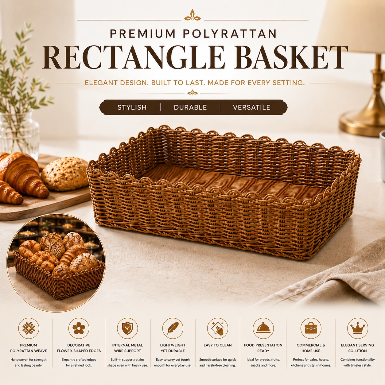 1012A Heavy Rectangle Shaped Polyrattan Basket with Flower Shaped Edges & Metal Wire - 30x21.6x6.5cm