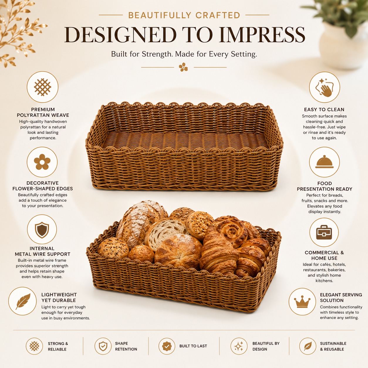 1012A Heavy Rectangle Shaped Polyrattan Basket with Flower Shaped Edges & Metal Wire - 30x21.6x6.5cm — view 2
