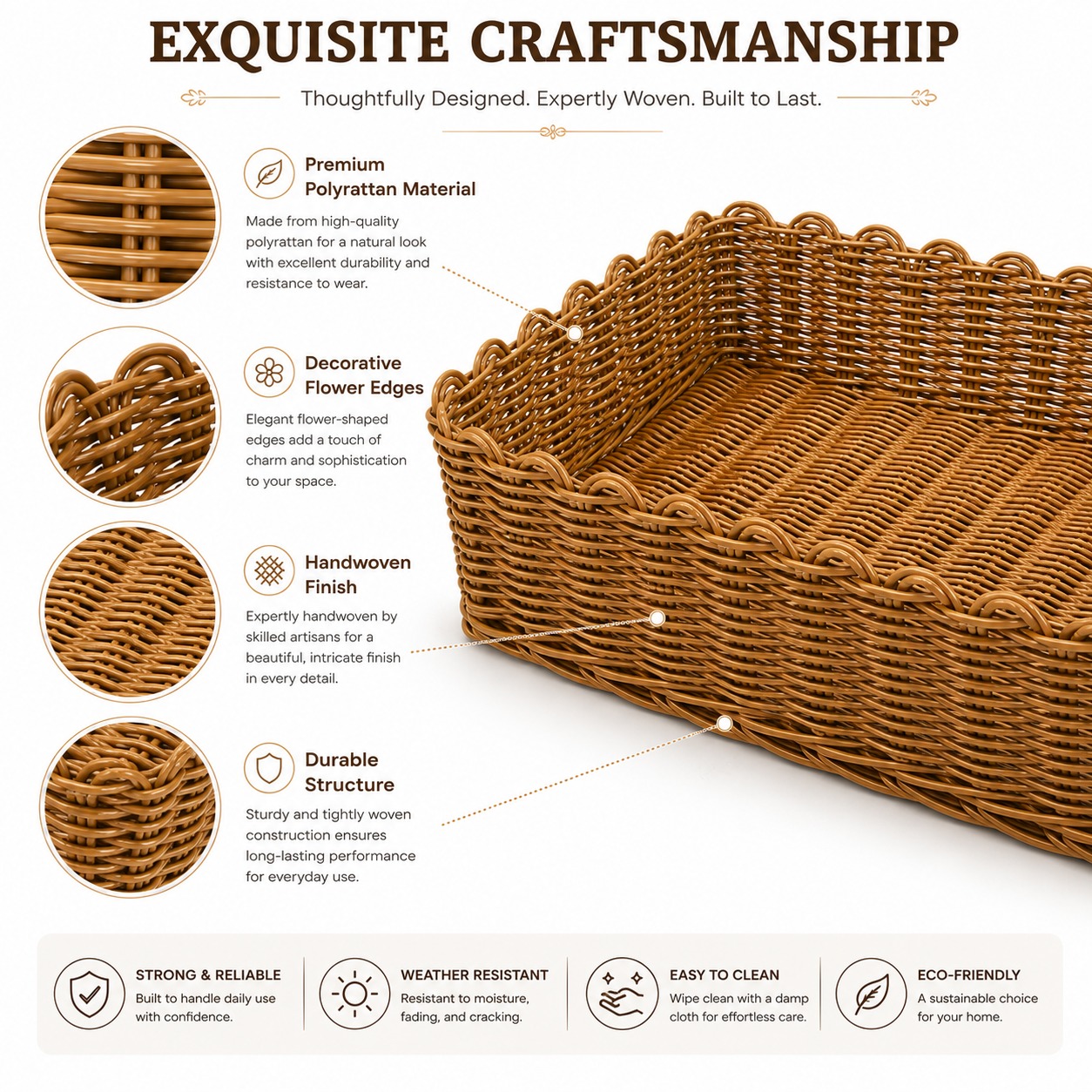 1012A Heavy Rectangle Shaped Polyrattan Basket with Flower Shaped Edges & Metal Wire - 30x21.6x6.5cm — view 5