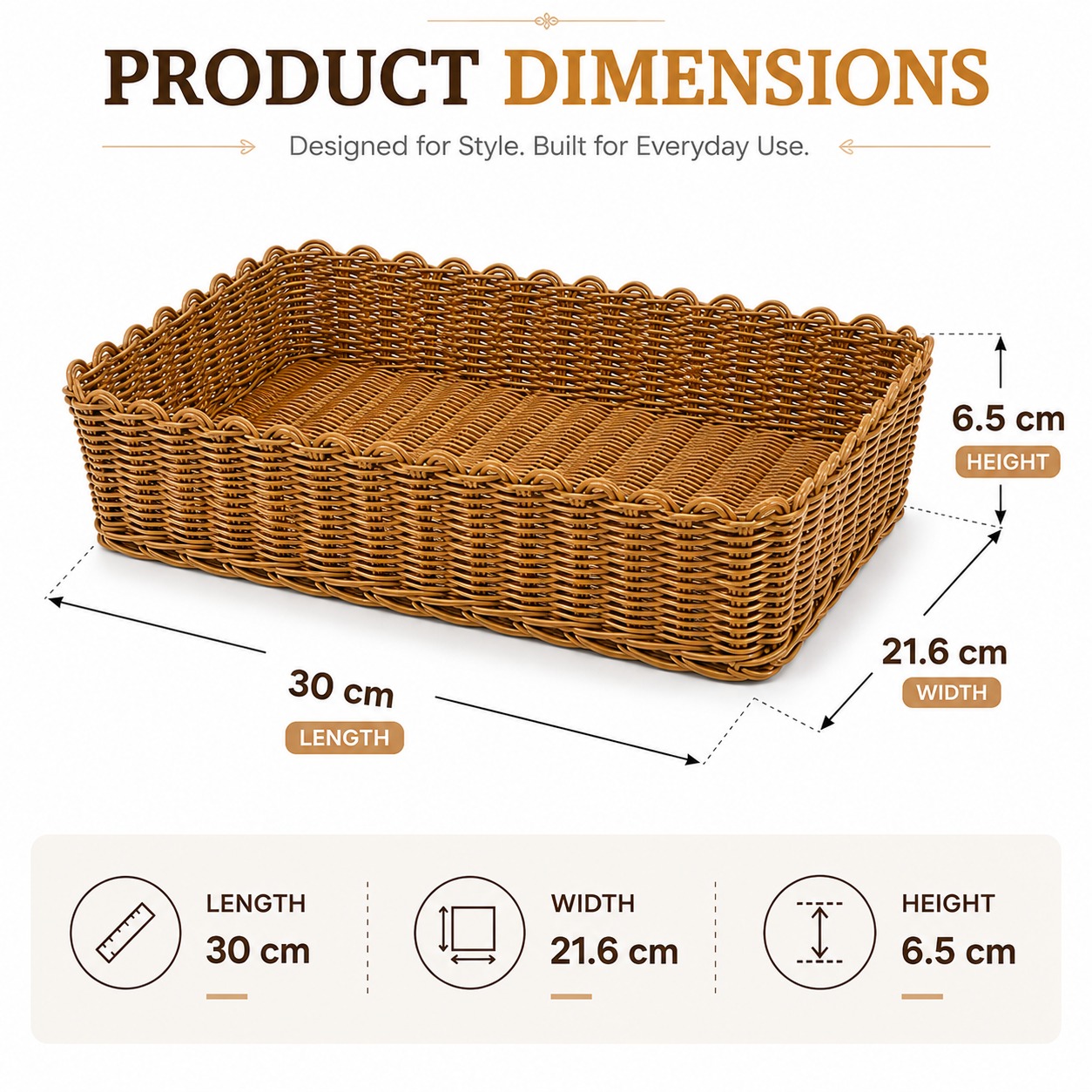 1012A Heavy Rectangle Shaped Polyrattan Basket with Flower Shaped Edges & Metal Wire - 30x21.6x6.5cm — view 6