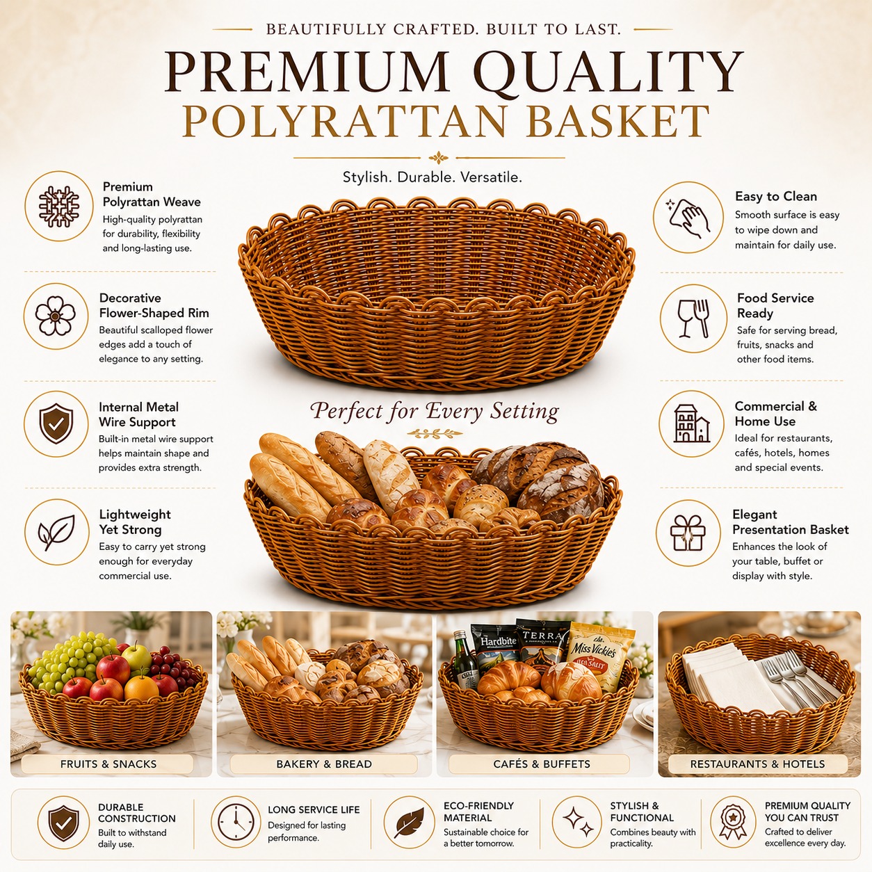 1001B Heavy Oval Shaped Polyrattan Basket with Flower Edges & Metal Wire - 24x20x8cm — view 2