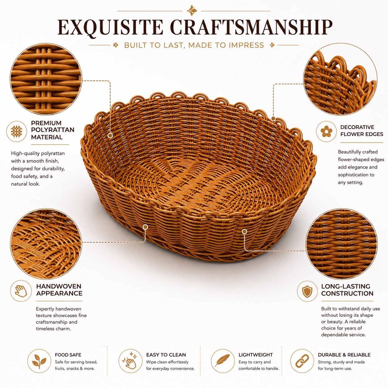 1001B Heavy Oval Shaped Polyrattan Basket with Flower Edges & Metal Wire - 24x20x8cm — view 5