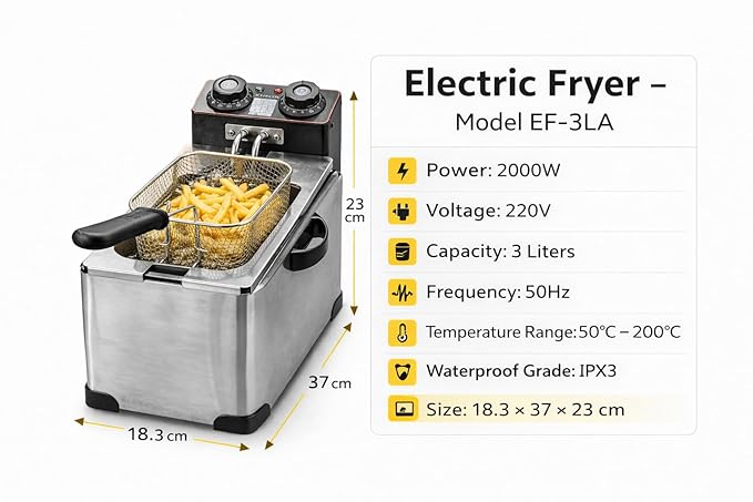 VERATTI Electric Deep Fryer 3L with Black Teflon Pan + Timer — view 3