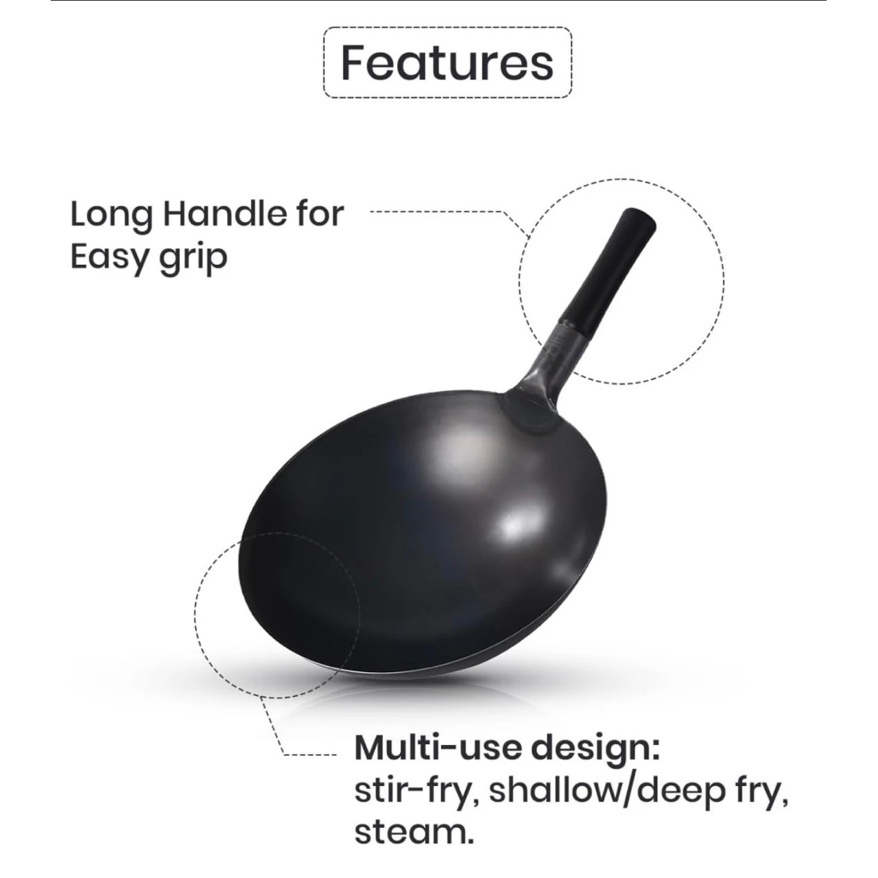 Black Handle Metal Wok witth Ultra Heavy Rubber Grip — view 4