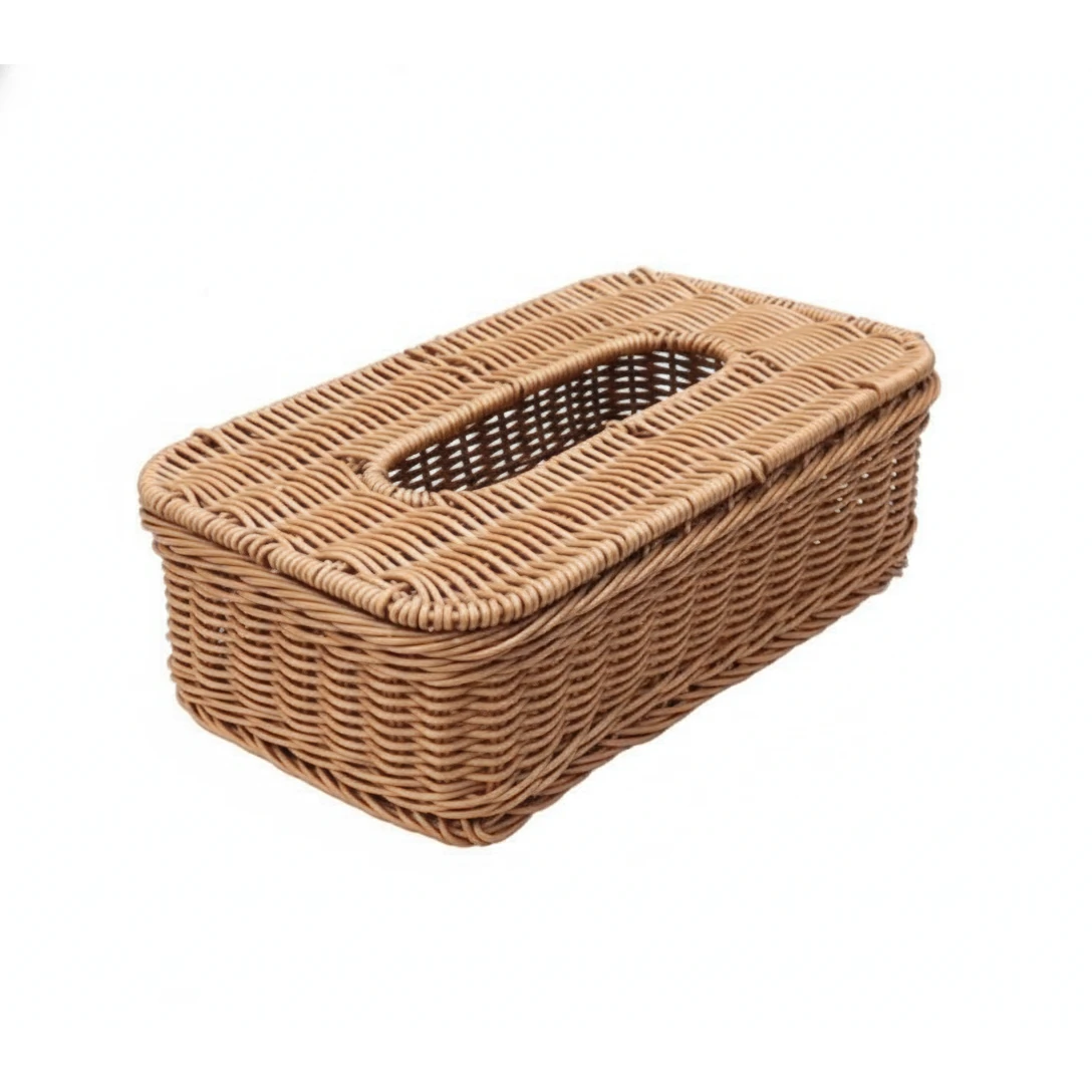 008B Heavy Rectangle Shaped Polyrattan Basket with Lid & Metal Wire 28x16x9cm - Walnut Brown