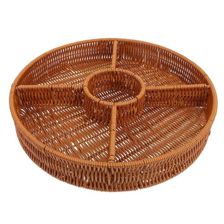 AD3 Heavy Round Shaped Polyrattan Basket with 5 Compartments & Metal Wire 37x6.5cm - Walnut Brown