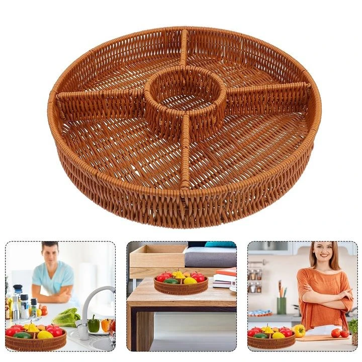 AD3 Heavy Round Shaped Polyrattan Basket with 5 Compartments & Metal Wire 37x6.5cm - Walnut Brown — view 3