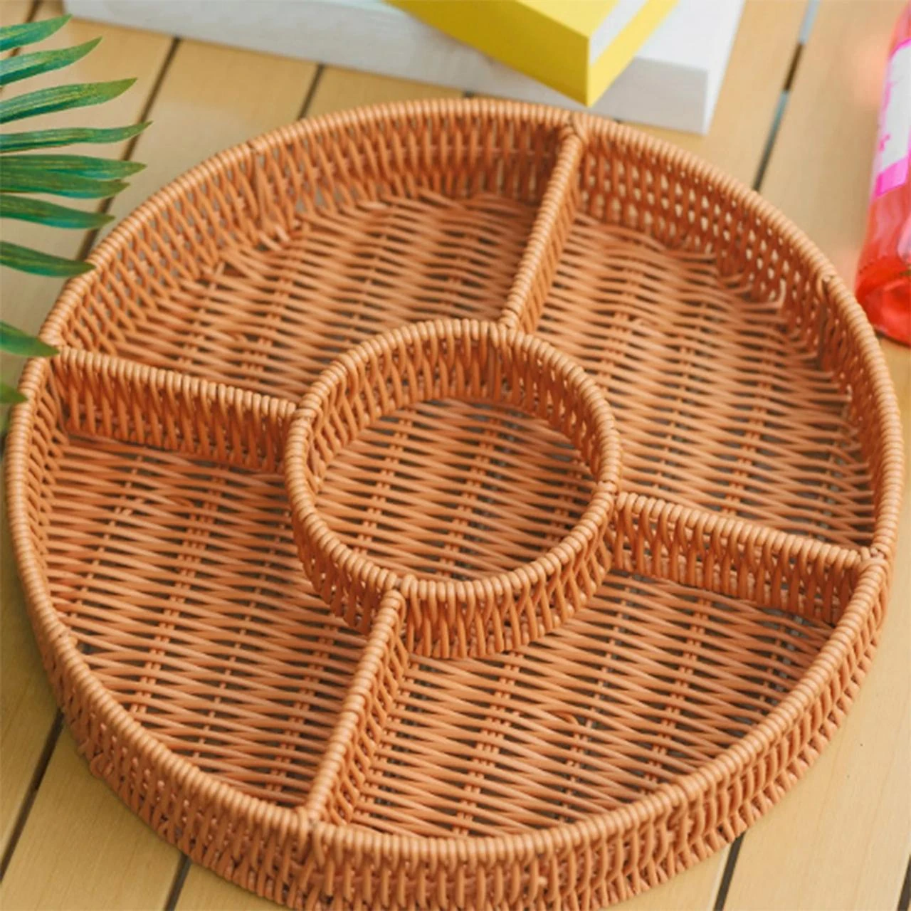 AD3 Heavy Round Shaped Polyrattan Basket with 5 Compartments & Metal Wire 37x6.5cm - Walnut Brown — view 6