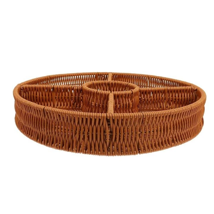 AD3 Heavy Round Shaped Polyrattan Basket with 5 Compartments & Metal Wire 37x6.5cm - Walnut Brown — view 7