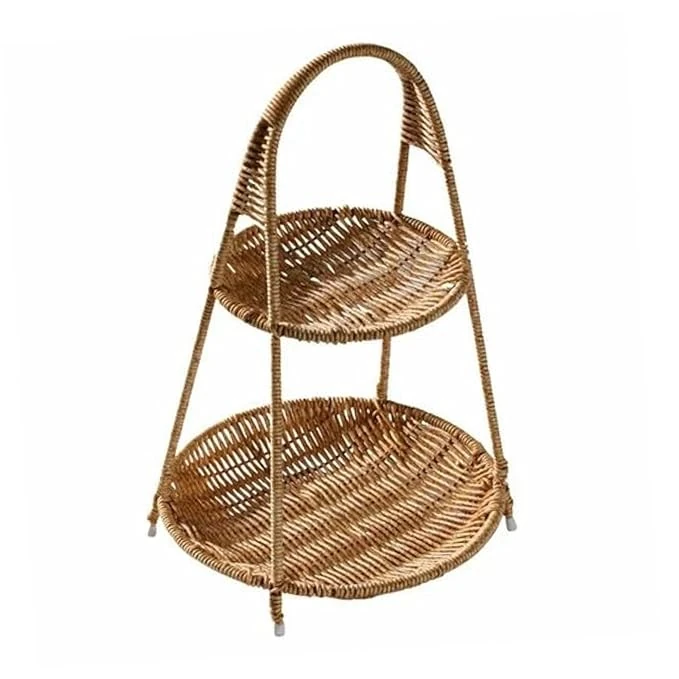 No.20 Heavy Round Shaped Polyrattan Basket 2 Layer with Handle & Metal Wire 23x39cm - Walnut Brown