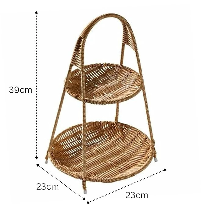 No.20 Heavy Round Shaped Polyrattan Basket 2 Layer with Handle & Metal Wire 23x39cm - Walnut Brown — view 2