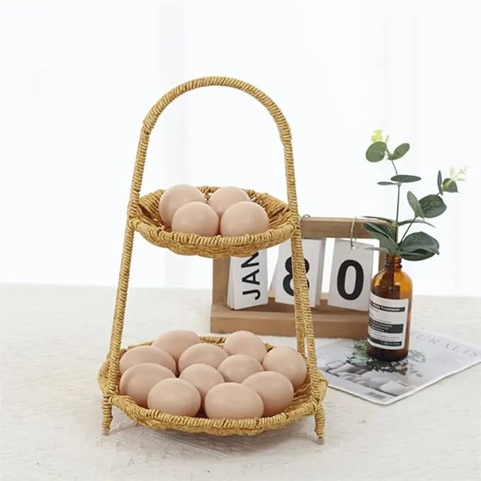 No.20 Heavy Round Shaped Polyrattan Basket 2 Layer with Handle & Metal Wire 23x39cm - Walnut Brown — view 3