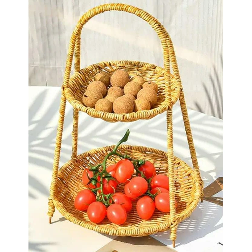No.20 Heavy Round Shaped Polyrattan Basket 2 Layer with Handle & Metal Wire 23x39cm - Walnut Brown — view 4
