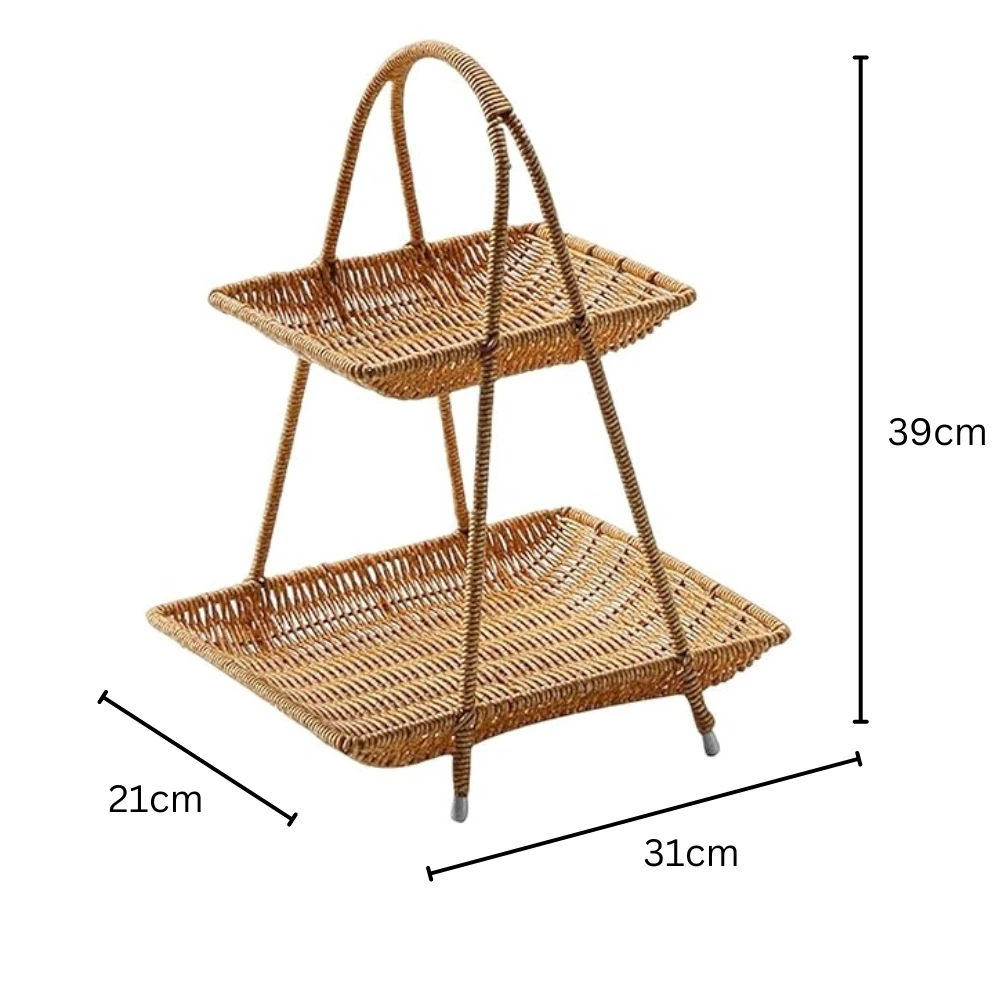No.21 Heavy Rectangle Shaped Polyrattan Basket 2 Layer with Handle & Metal Wire 31x21x39cm - Walnut Brown — view 2