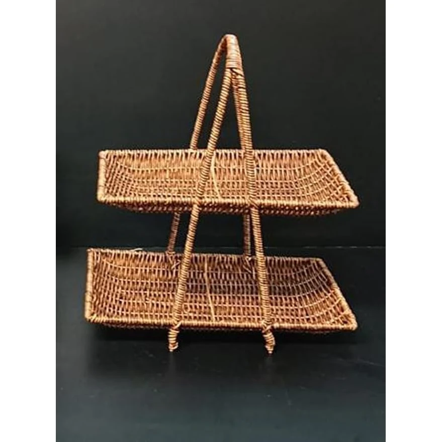 No.21 Heavy Rectangle Shaped Polyrattan Basket 2 Layer with Handle & Metal Wire 31x21x39cm - Walnut Brown — view 7