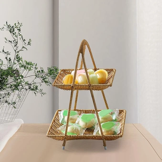 No.22 Heavy Square Shaped Polyrattan Basket 2 Layer with Handle & Metal Wire 24x39cm - Walnut Brown — view 3