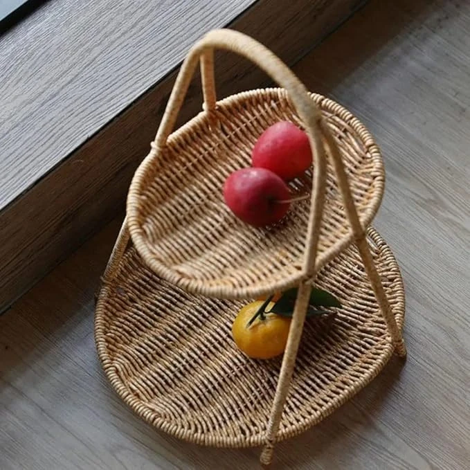 No.23 Heavy Oval Shaped Polyrattan Basket 2 Layer with Handle & Metal Wire 31x22x40cm - Walnut Brown — view 4