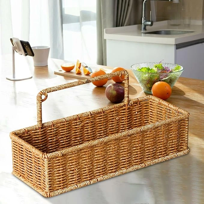 No.24 Heavy Rectangle Shaped Polyrattan Basket Multipurpose Utility Holder with Metal Wire 31.5x12x14.5cm - Walnut Brown — view 3