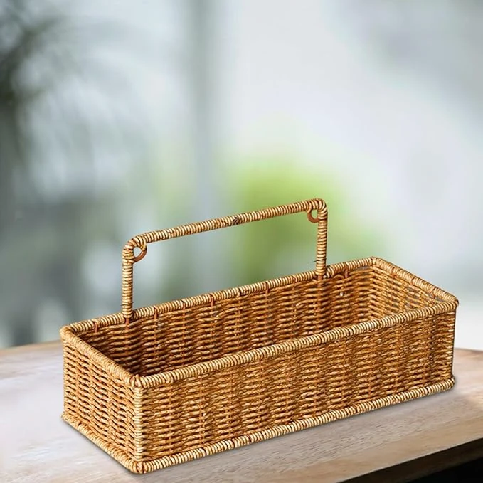 No.24 Heavy Rectangle Shaped Polyrattan Basket Multipurpose Utility Holder with Metal Wire 31.5x12x14.5cm - Walnut Brown — view 4