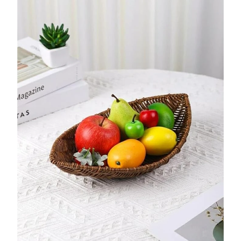 Heavy Boat Platter Shaped Polyrattan Basket with Metal Wire - Walnut Brown — view 3