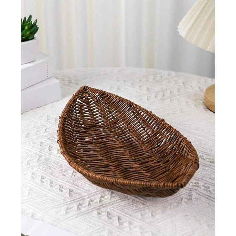 Heavy Boat Platter Shaped Polyrattan Basket with Metal Wire - Walnut Brown — view 4