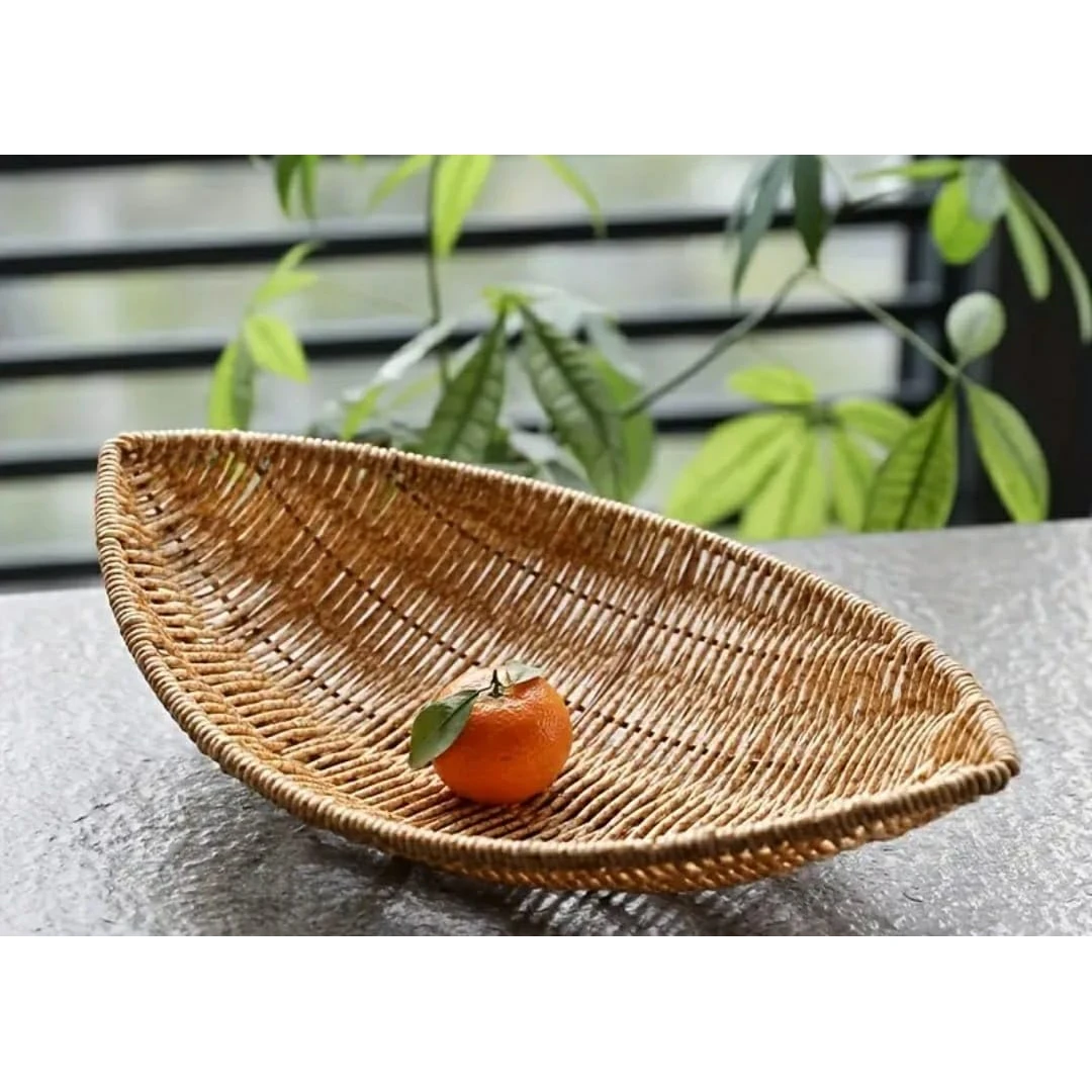 Heavy Boat Platter Shaped Polyrattan Basket with Metal Wire - Walnut Brown — view 6