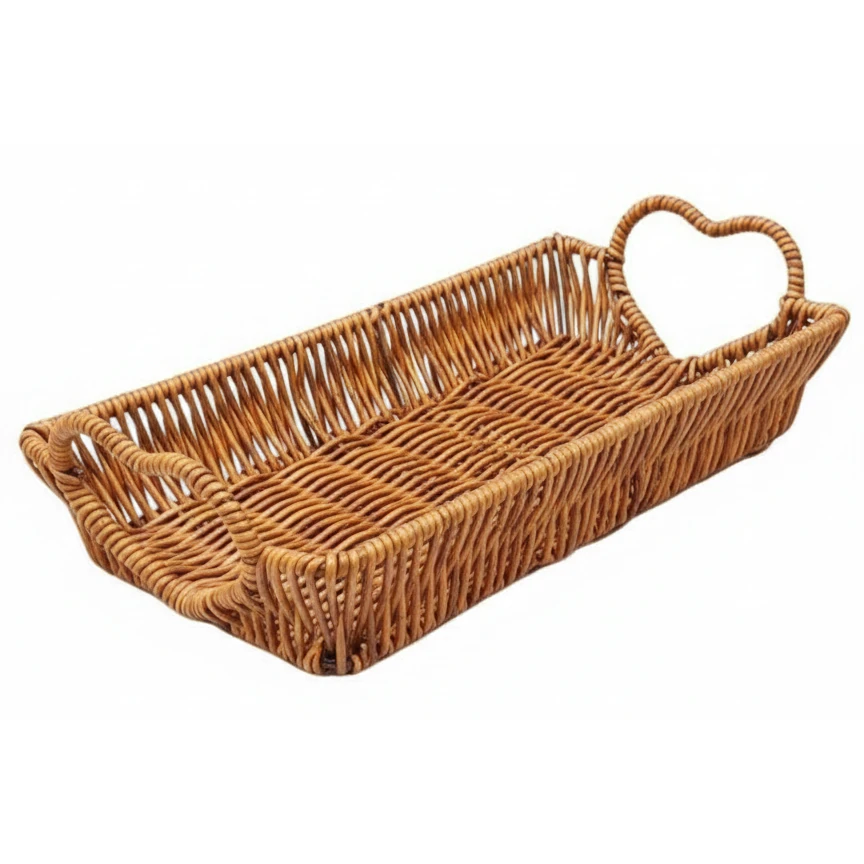 Heavy Rectangle Shaped Polyrattan Basket with Heart Shaped Handles & Metal Wire - Walnut Brown