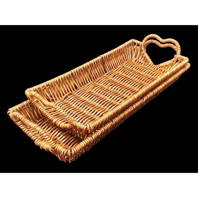 Heavy Rectangle Shaped Polyrattan Basket with Heart Shaped Handles & Metal Wire - Walnut Brown — view 3