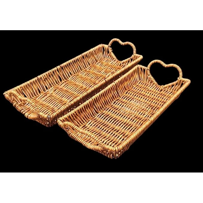 Heavy Rectangle Shaped Polyrattan Basket with Heart Shaped Handles & Metal Wire - Walnut Brown — view 4