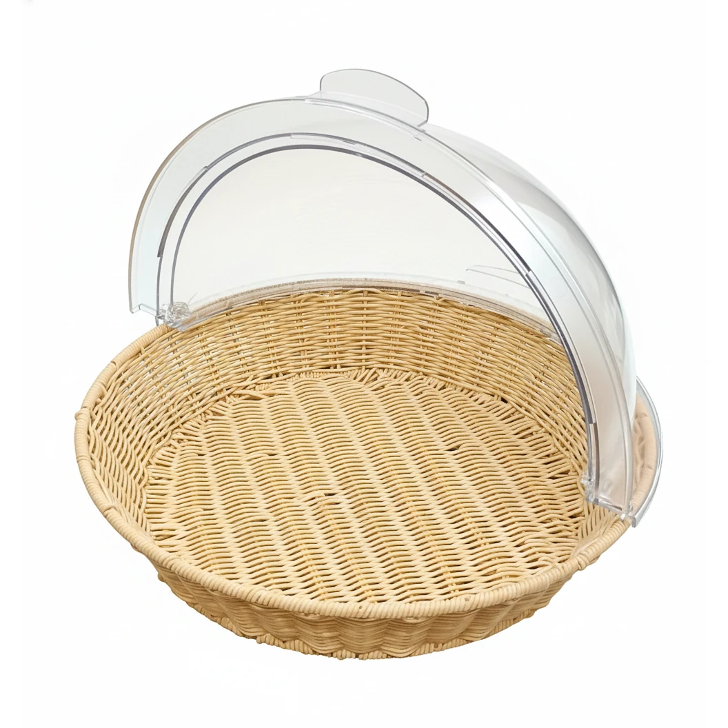 Heavy Round Shaped Polyrattan Basket with PC Roll Top Lid & Metal Wire - 40x10cm