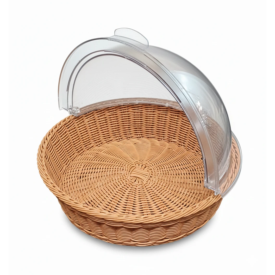 Heavy Round Shaped Polyrattan Basket with PC Roll Top Lid & Metal Wire - 40x10cm