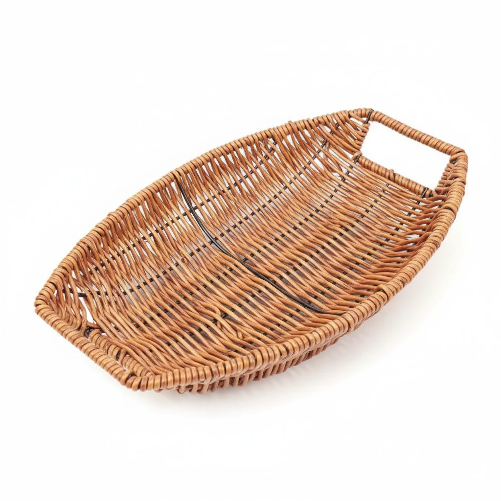 Heavy Oval Shaped Polyrattan Basket with Handle & Metal Wire - Walnut Brown