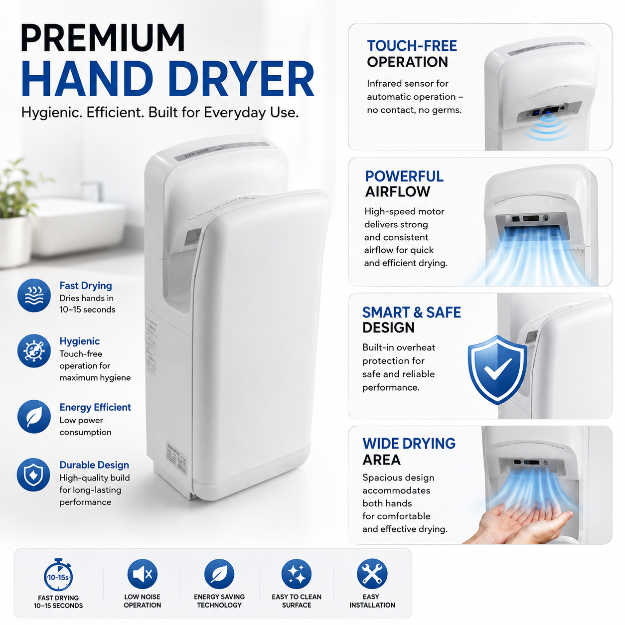 Electric Wall Mountable Hand Dryer 1900W - White | Tall Standing Model — view 3