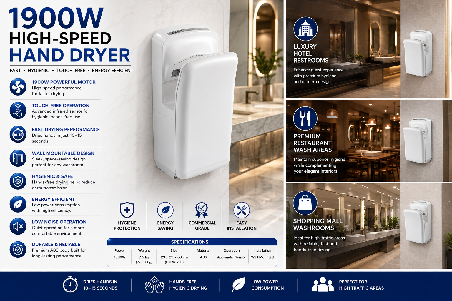 Electric Wall Mountable Hand Dryer 1900W - White | Tall Standing Model — view 4
