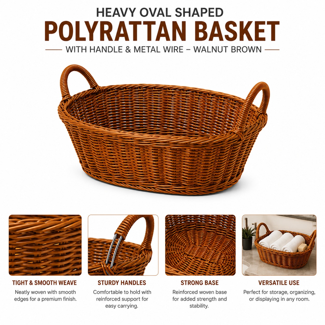 Heavy Oval Shaped Polyrattan Basket with Handle & Metal Wire - Walnut Brown — view 2