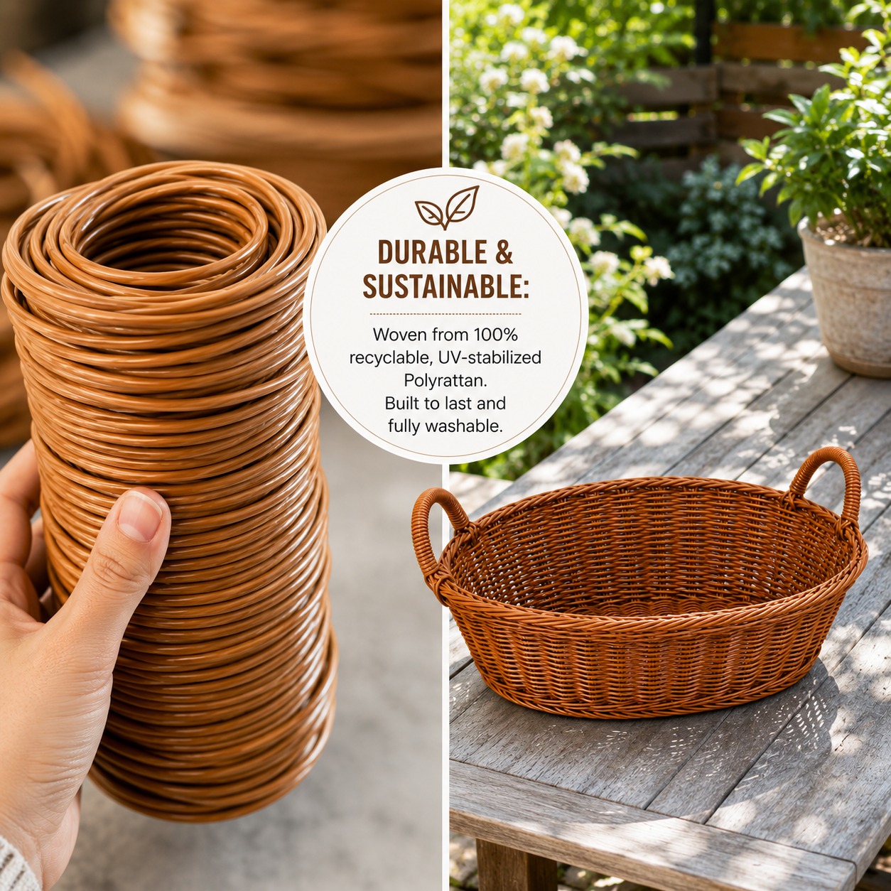 Heavy Oval Shaped Polyrattan Basket with Handle & Metal Wire - Walnut Brown — view 3