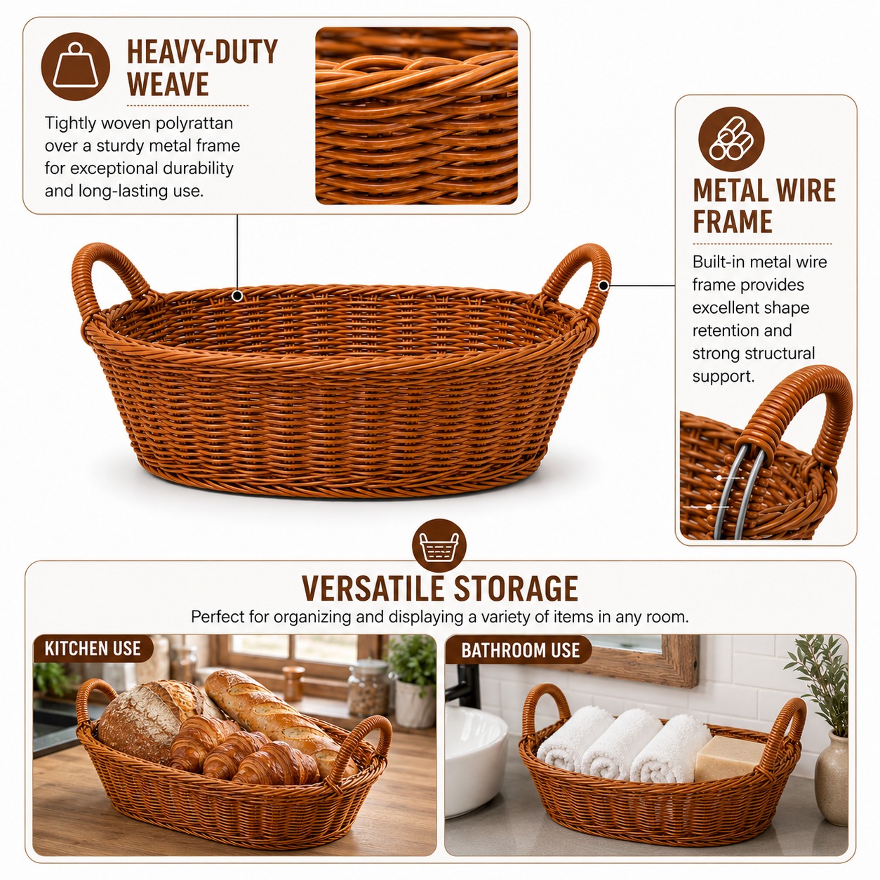 Heavy Oval Shaped Polyrattan Basket with Handle & Metal Wire - Walnut Brown — view 7