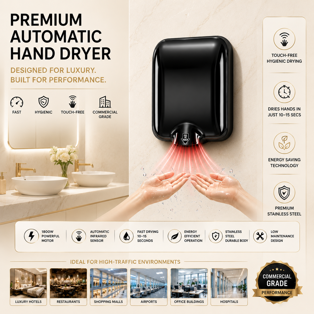 Electric Wall Mountable SS Premium Automatic Hand Dryer 1800W