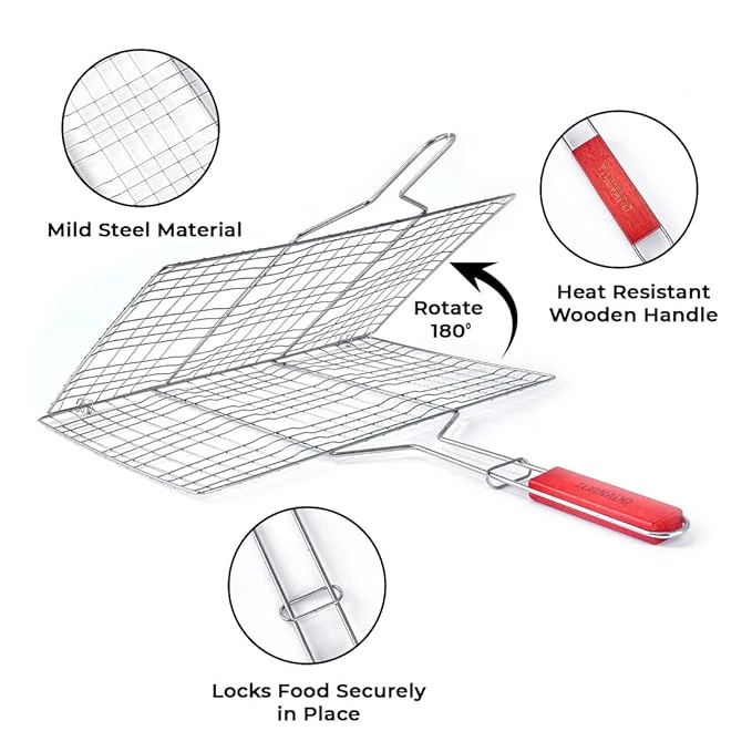 Wooden Handle MS BBQ Grill Net - Rectangle — view 5